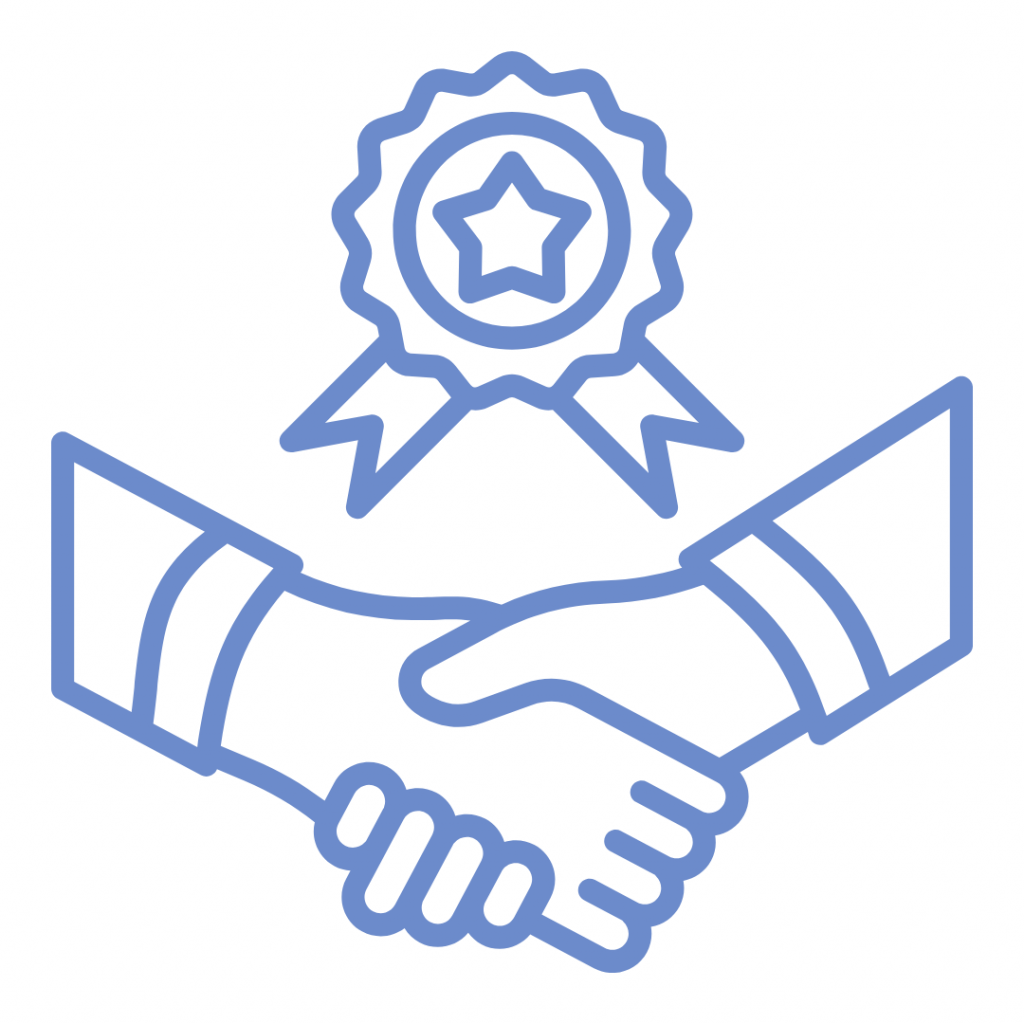 A periwinkle blue line-art icon on a white background. It depicts two hands in a handshake, with a circular award ribbon featuring a star inside positioned centered above them. This represents professional agreement, quality, or a successful partnership.