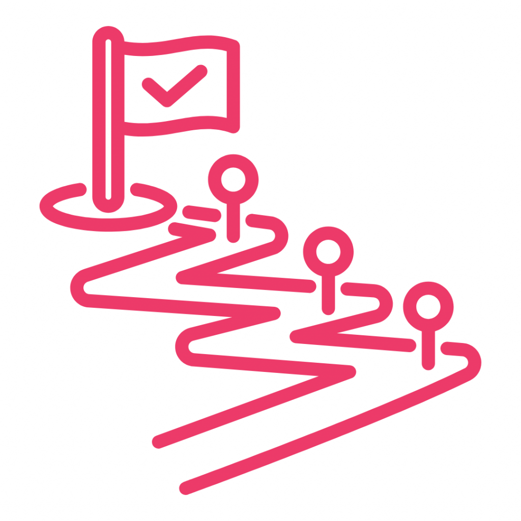 A dark pink line-art icon on a white background showing a winding path with three circular map pins marking different points. The path leads to a final destination marked by a flag with a checkmark inside a circle, symbolizing milestones and the completion of a journey.
