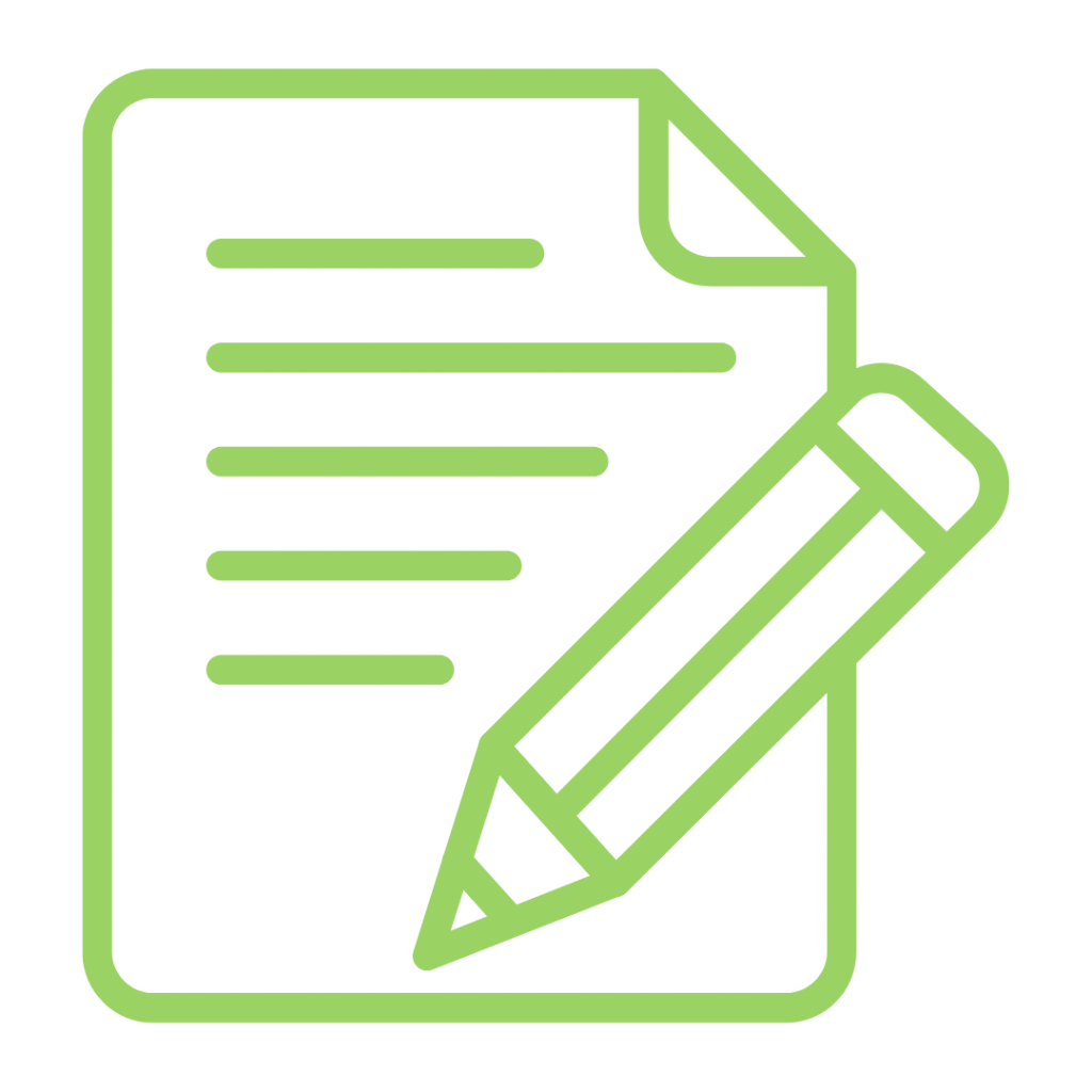 A minimalist light green icon featuring a sheet of paper with lines representing text and a pencil positioned over it.