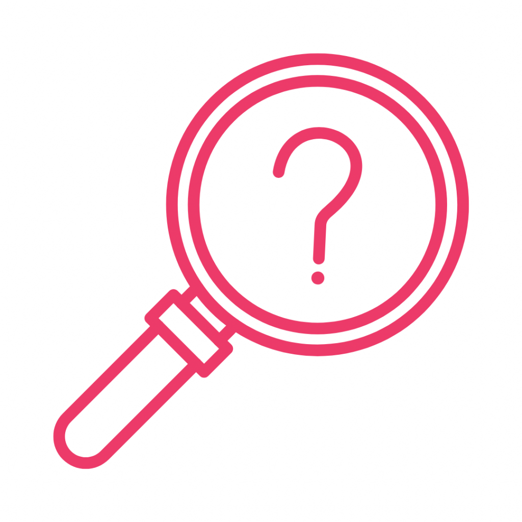 A pink line art icon of a magnifying glass angled to the bottom-left, with a large question mark centered inside the lens.