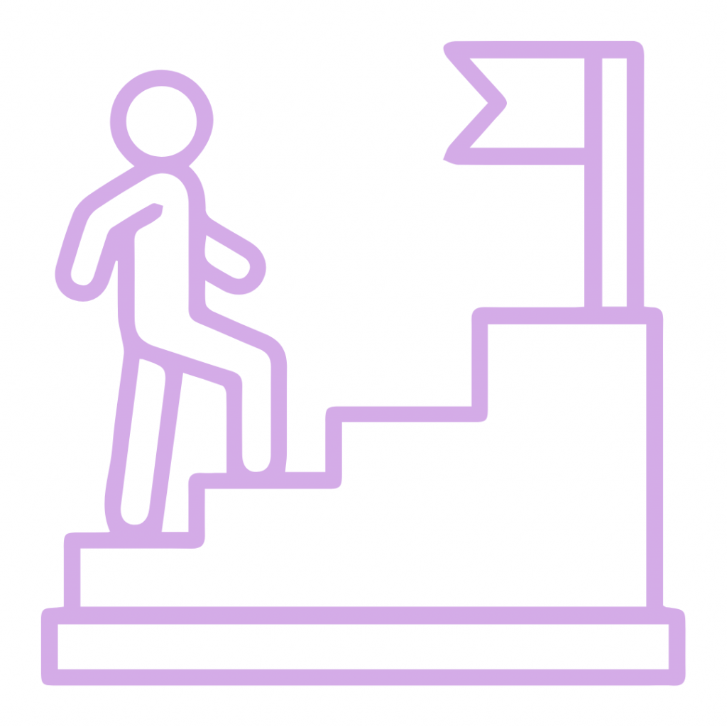 A light purple outline icon showing a person ascending a staircase toward a flag at the top, symbolizing goal progression, step-by-step systems, or achieving success.