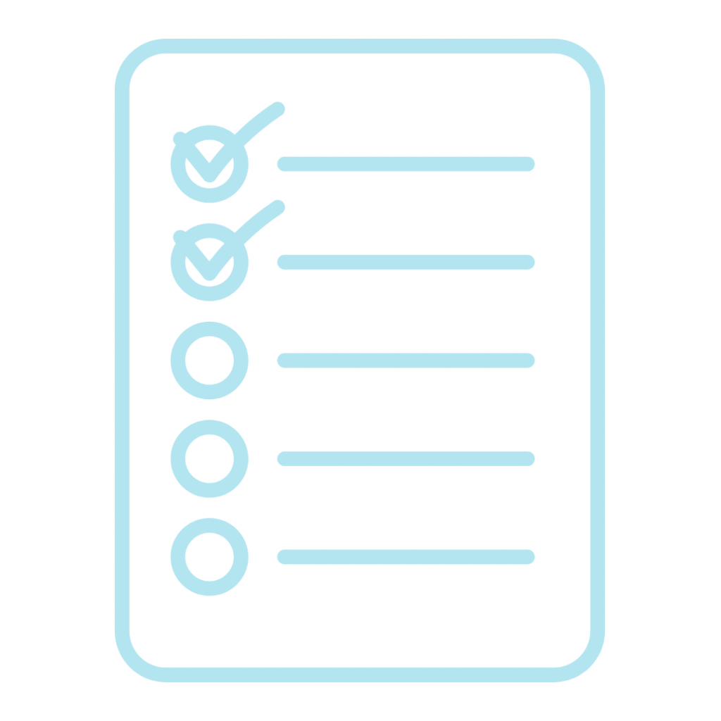 A minimalist light blue icon featuring a clipboard or document with five horizontal lines and circular checkboxes; the top two checkboxes contain checkmarks.