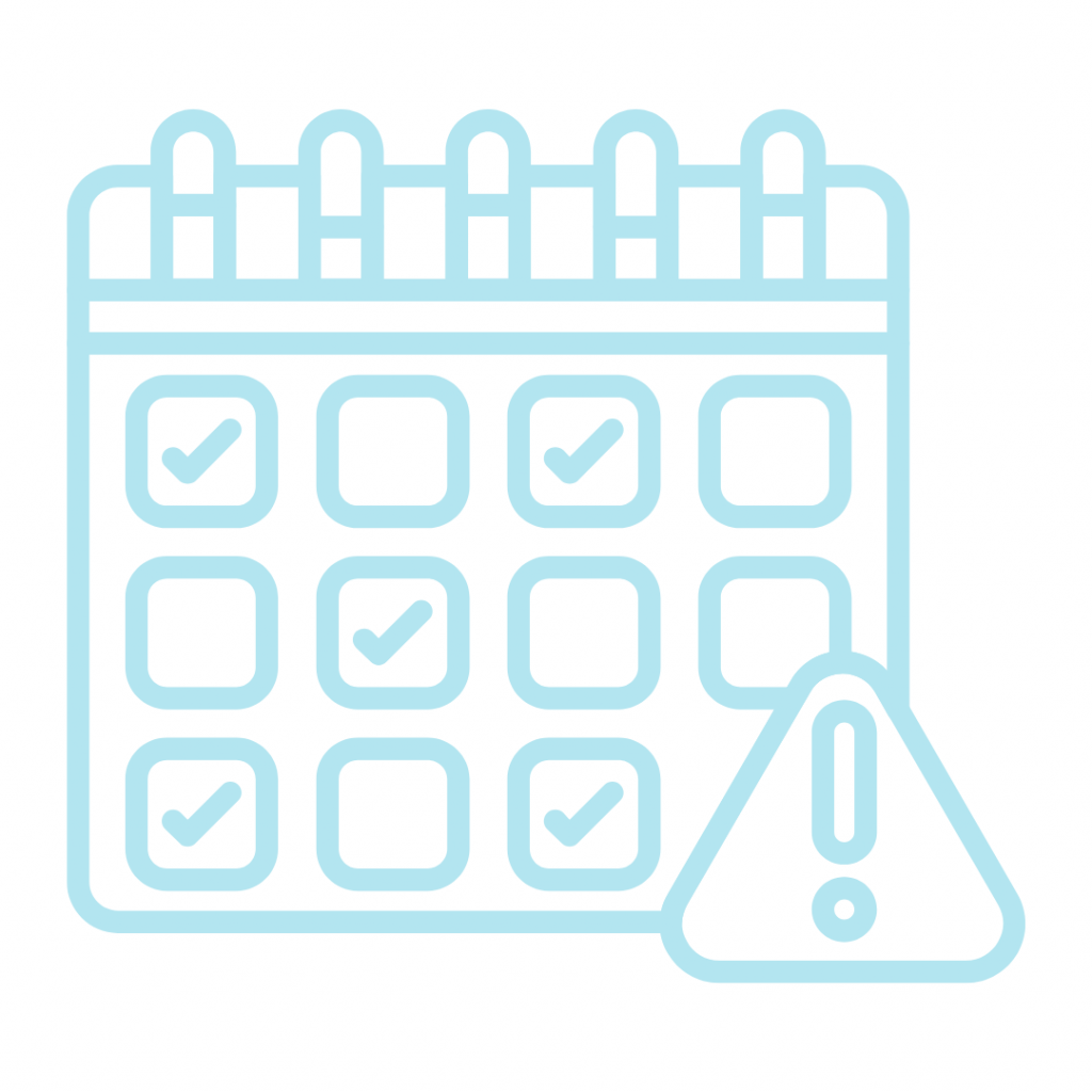 A light blue line art icon of a wall calendar with square date boxes—some blank and some containing checkmarks—with a prominent triangular warning sign containing an exclamation mark in the bottom right corner.