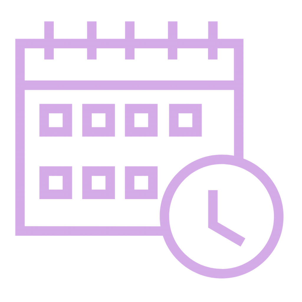 A minimalist light purple icon featuring a grid-style calendar with a circular clock overlapping the bottom right corner.