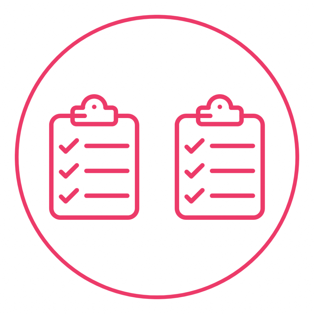 For this graphic, here are several alt text options:Alt Text Options
Option 1 (Concise): Pink line icon featuring two clipboards with checkmarks inside a circle.Option 2 (Descriptive): A minimalist pink icon set within a circular border, showing two side-by-side clipboards, each with three items checked off.