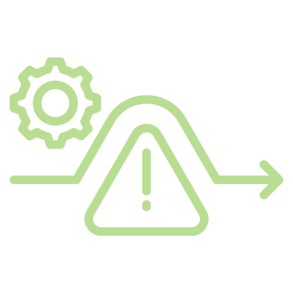 A light green line art icon showing a horizontal arrow path that detours upward in a curved loop over a triangular warning sign with an exclamation point. A gear icon sits in the upper-left corner.