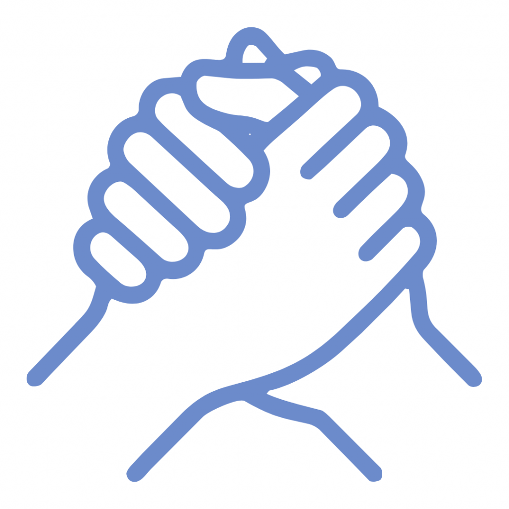 A medium blue line art icon of two hands clasped firmly together in a supportive handshake or greeting, forming an arch with fingers interlocking.