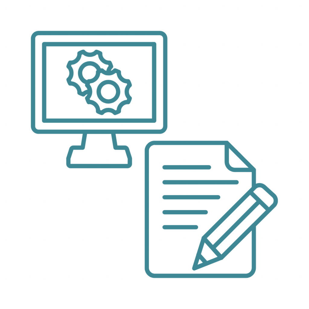 A minimalist teal icon featuring a computer monitor displaying two interlocking gears, paired with a sheet of paper and a pencil in the foreground.