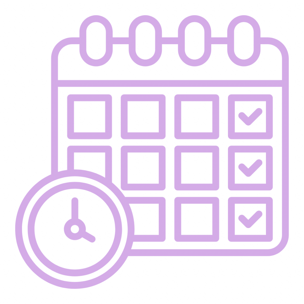 A medium purple line art icon of a wall calendar with a grid of square date boxes, featuring checkmarks in the entire rightmost column, and a round clock overlapping the bottom-left corner.