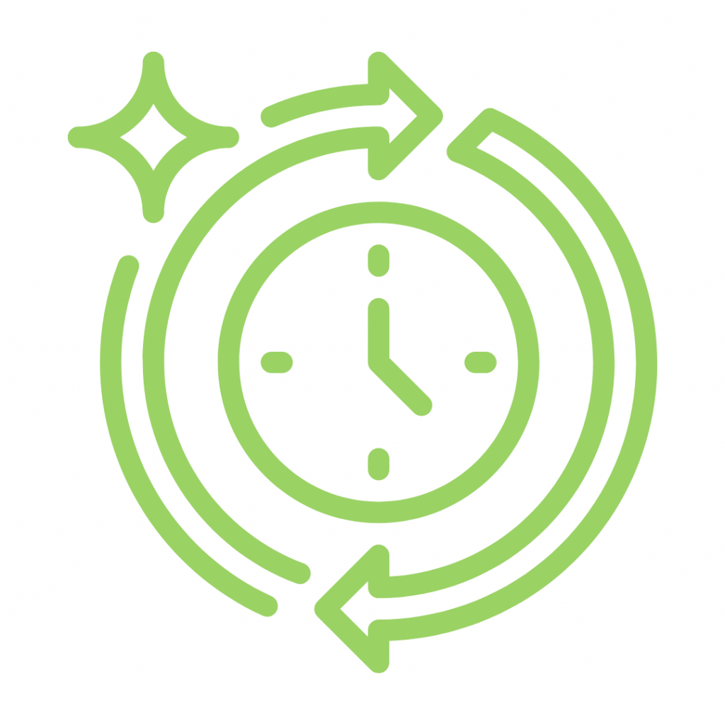 A minimalist light green icon featuring a clock face in the center, encircled by two arrows forming a rotating loop with a four-pointed star or sparkle in the upper left.