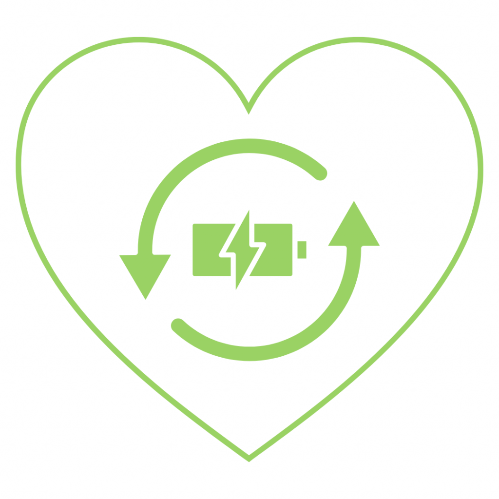 A light green icon featuring a large heart outline containing a battery symbol with a lightning bolt, surrounded by circular refresh arrows.
