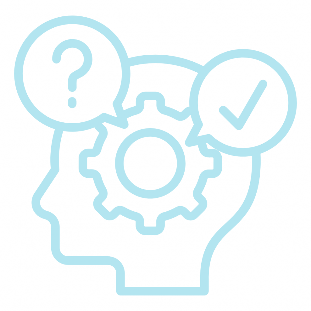 A light blue line icon of a head profile with a gear in the center, flanked by two speech bubbles: one with a question mark on the left and one with a checkmark on the right.